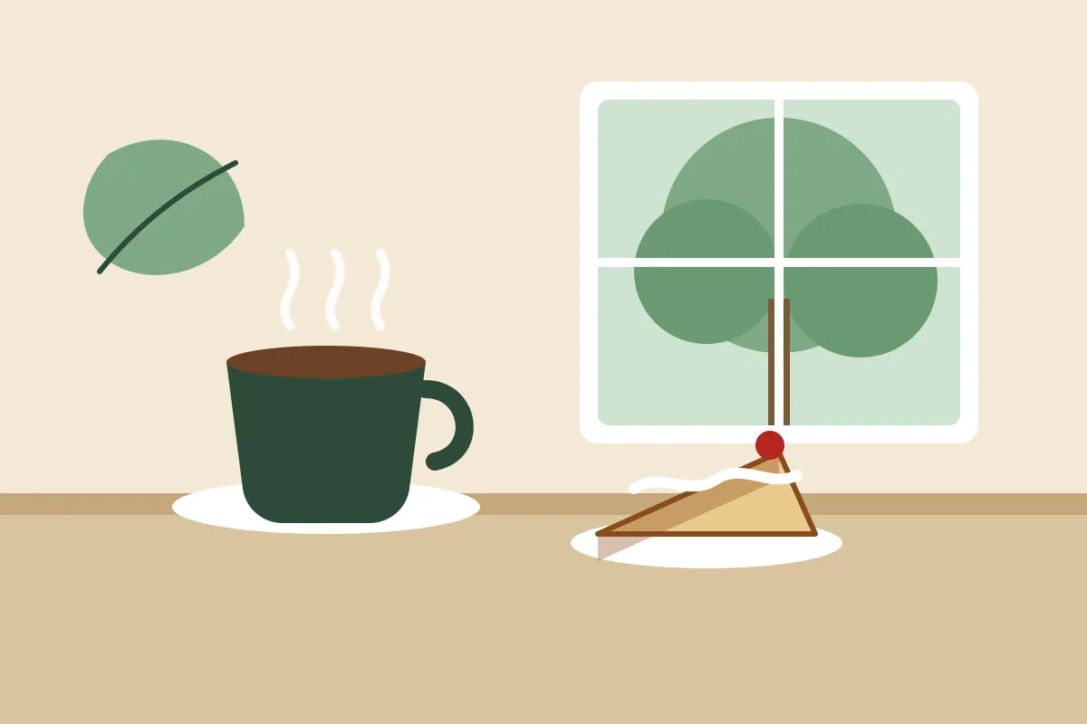 Illustration: Kaffeetasse und Tortenstück auf einem Holztisch, im Fenster eine Linde