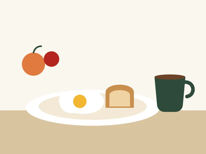 Illustration: Teller mit Spiegelei und Brot, dazu Kaffee und Obst