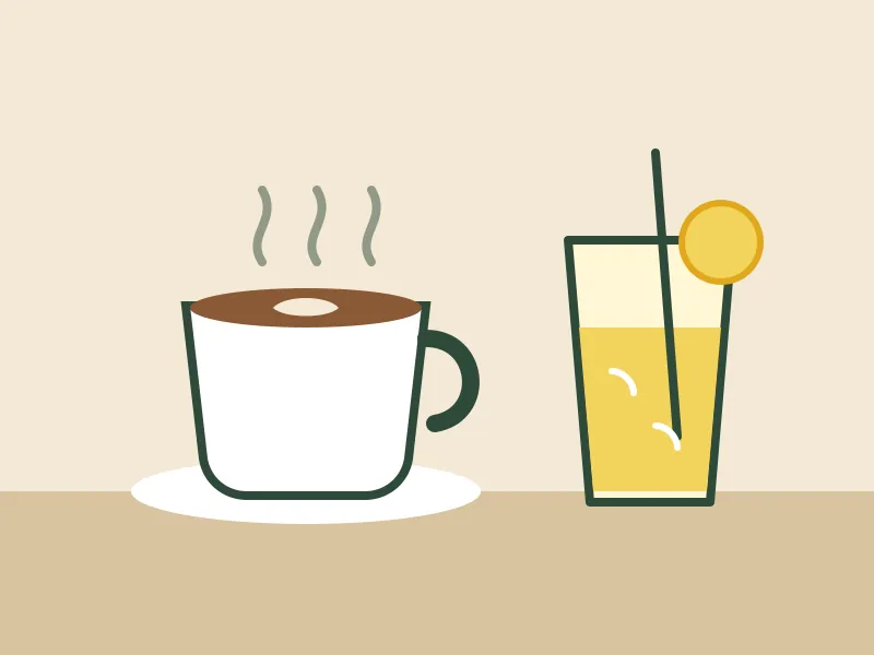 Illustration: Tasse Cappuccino neben einem Glas Zitronenlimonade