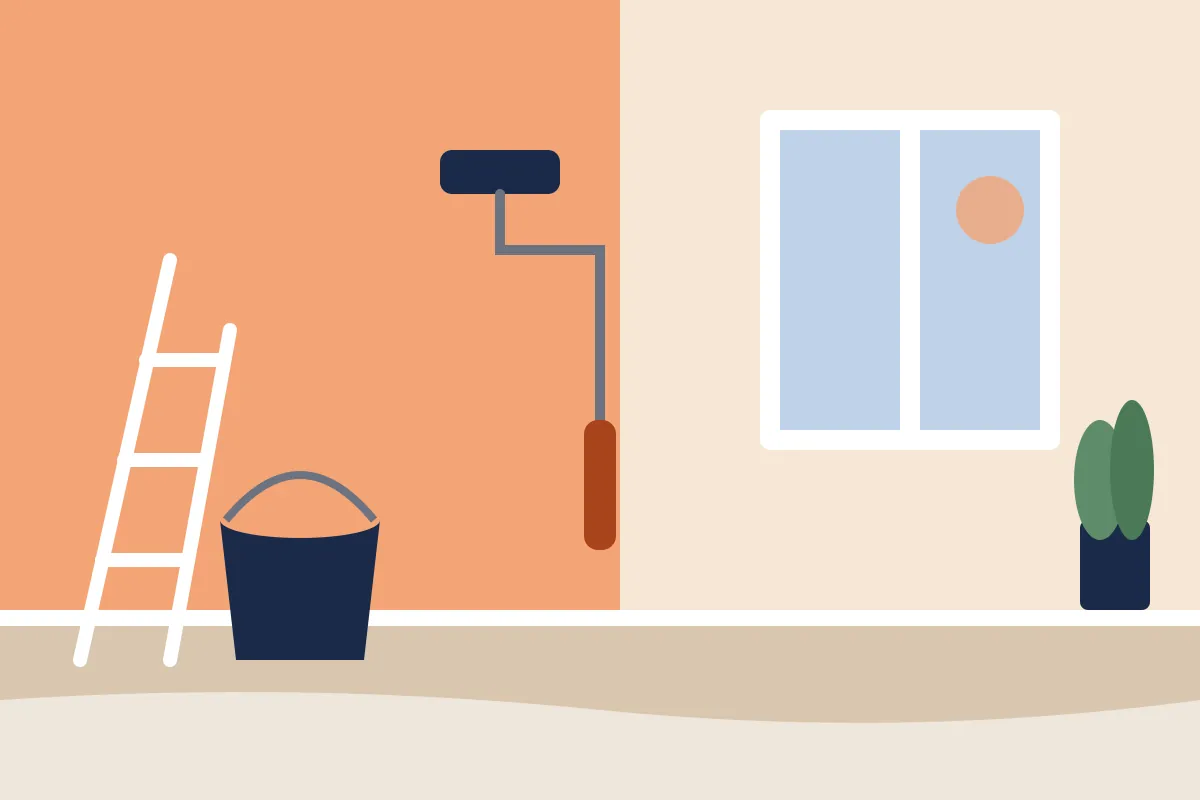 Illustration: frisch gestrichener, heller Wohnraum mit Farbrolle und Farbeimer