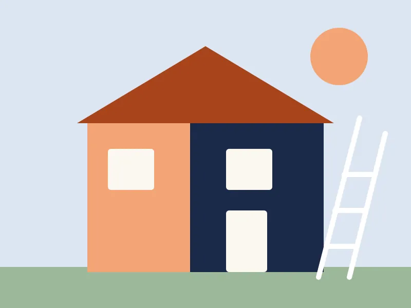 Illustration: Hausfassade in Dunkelblau und Apricot mit Leiter