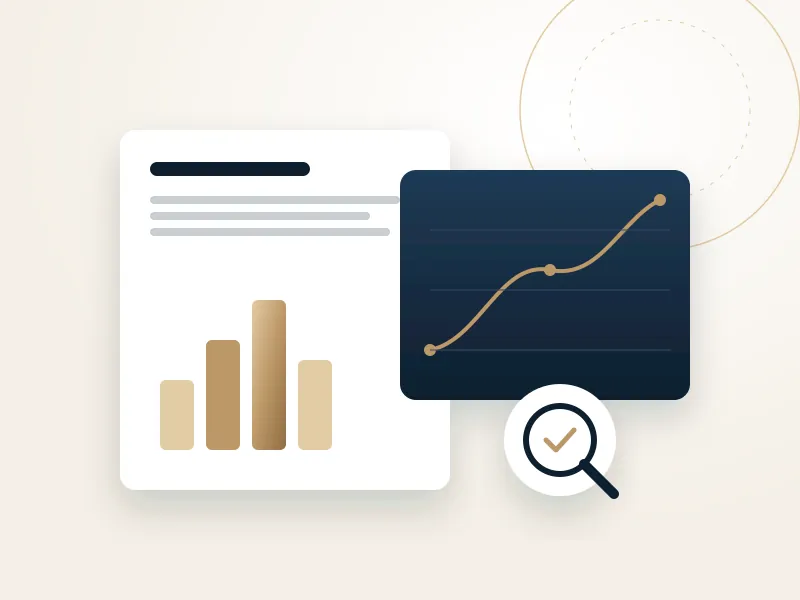 Illustration: Diagramme und Dokument mit Lupe